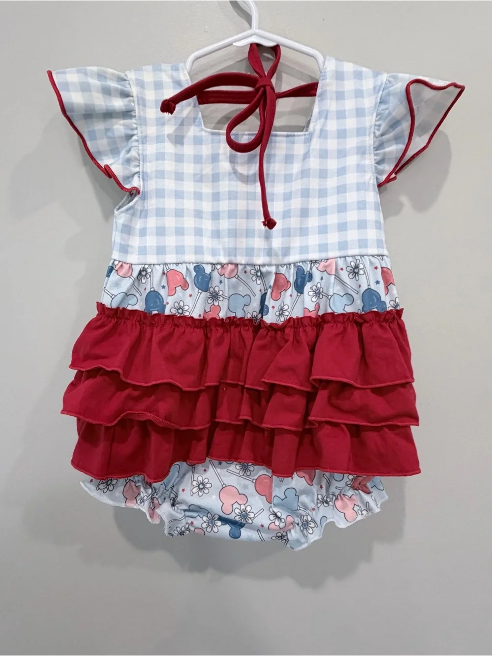 Baby Girl Gingham & Mickey Print Romper - Red & Light Blue